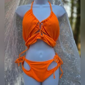 Bright Orange Ribbed Bikini Set - Tie Sides, Padded Top